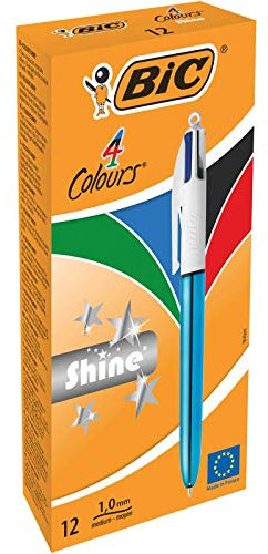 BIC 4 Farben Kugelschreiber Set 4 Colours Shine, Schaft in metallic blau, 12er Pack, Ideal für das Büro, das Home Office oder die Schule