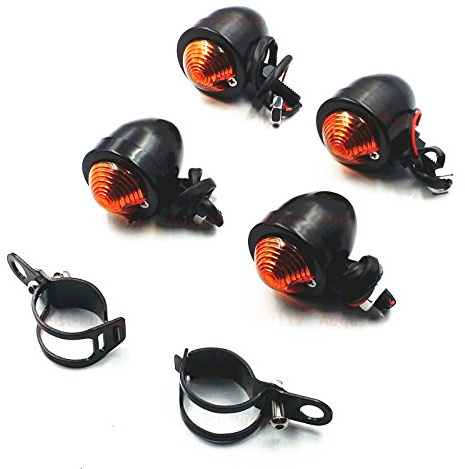 Motorcycle Turn Signals Indicator Light Lamp + Fork Clamps Cruiser Old School Bobber Cafe Racer Vintage Retro Clubman Rat Bike (Black/Amber)