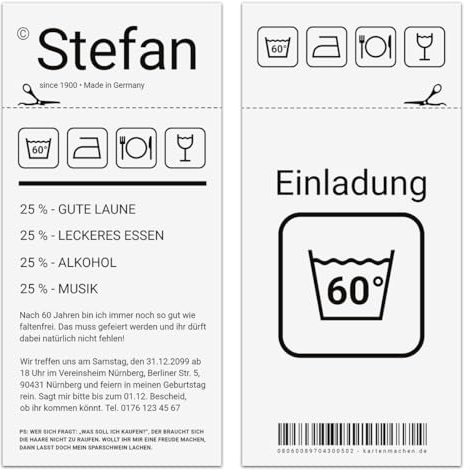 Kartenmachen.de 10 x Einladungskarten runder Geburtstag 60 Jahre Grad Geburtstagseinladungen - Waschanleitung