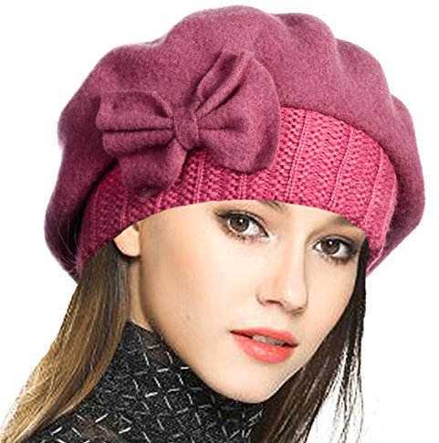 VECRY Frauen Barette 100% Wolle Baskenmütze Kleid Mütze Wintermütze (Rosa)