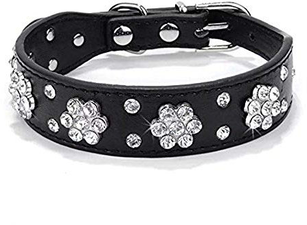 haoyueer Strass-Hundehalsband, niedliche Blume, Strasssteine, Katzen-Hundehalsband, glitzerndes Halsband, PU-Leder, verstellbare Größen, S, M, L (L, Schwarz)
