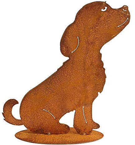 Manufaktur Lichtbogen Rost Gartenfigur Hund sitzend Edelrost Gartendeko aus Metall