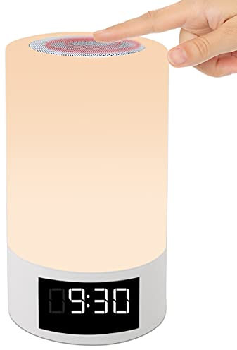 KAMARLIS Lámpara Altavoz Bluetooth Multicolor Táctil, Alarma, Radio FM, Reproductor MP3, Recargable - Luz Nocturna LED Compacta (Dimensiones H18cm Ø10,2cm)