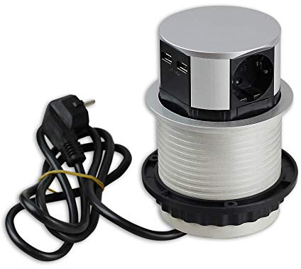 Versenkbare Steckdose für Küche und Büro - runde Einbausteckdose ideal für Arbeitsplatte, als Tischsteckdose oder Unterbausteckdose mit 3-fach Steckdosenelement, 2x USB und 1,8m Kabel Küchensteckdose
