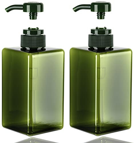 Jansburg Lot de 2 flacons distributeurs carrés rechargeables en plastique pour huiles essentielles, savon, shampooing, 450 ml - Vert