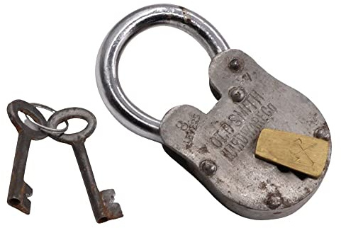 Preproduction Antique Padlock Lock for Old Trunk, Wine Rack, Shade, Barn, Gate, with Two Skelton Keys Vintage Look (Old Smith)