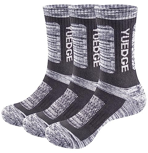 YUEDGE Mens Outdoor Hiking Walking Socks Wicking Cushioned Sports Socks For Men 6-10, Breathable Anti-Odor Work Sock Pdded Mid Calf Safety Welly Boot Sock, 3 Pairs