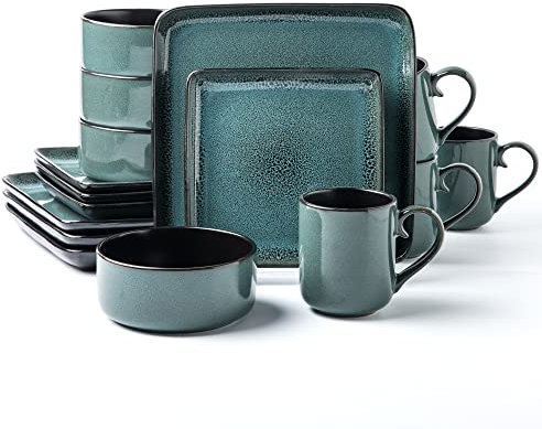 Arora Flackar 497248 Geschirr-Set aus Steingut für 4 Personen, quadratisch, Speiseteller, Beilagenteller, Müslischalen, Tassen, Reaktivglasur, 16-teilig, Türkis