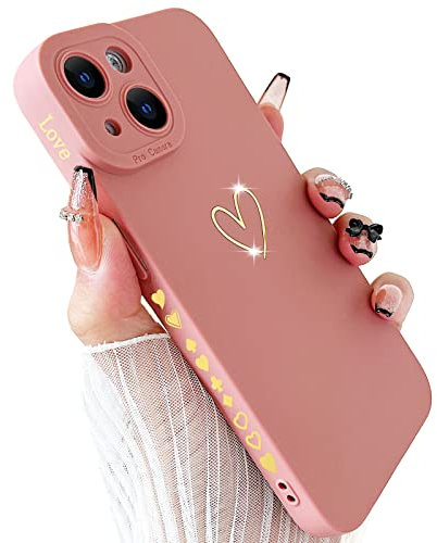 SmoBea Compatible with iphone 14 Case, Cute Gold Heart Pattern Phone Case for Women Girls With Side Small Love Pattern Silicone Protective Shockproof Phone Case(Pink)