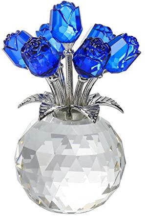 Crystal Blue Rose Bouquet Figurines Gifts for Her on Sapphire Anniversary, Romantic Presents for Women on Valentine's Day Mother's Day Birthday Christmas, Glass Collectible Rose Floral Ornament Home