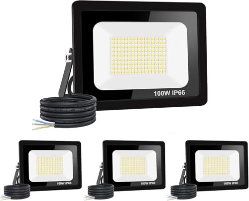 4 pezzi: 100 W, proiettore LED per esterni, 10000 lm, IP66, impermeabile, faretto LED per esterni, super luminoso, illuminazione esterna, bianco caldo (3000 k), sicurezza spot led per stadi,