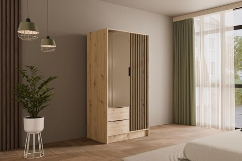 ALTDECOR Kleiderschrank mit Spiegel und selbstschließenden Lamellentüren, Lamellen, Flügeltüren - Nelia - 100 cm Artisan