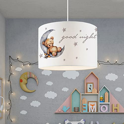 lux.pro Hängeleuchte Rugby Kinderlampe Pendelleuchte aus Kunststoff und Stoff Deckenlampe für Kinderzimmer Babyzimmer 1 x E27 ohne Leuchtmittel Weiß mit Teddy-Motiv