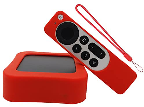(1 Set) Silikon-Schutzhülle für Apple TV 4K und Siri Remote 2022, Apple TV 4K Box & Apple TV Siri Remote 3. Generation, rutschfest, stoßfest und sturzsicher, Silikonhülle mit Umhängeband (rot)