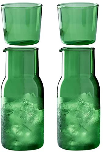 BestAlice Juego de 2 jarras de agua y vasos para mesita de noche, 17 onzas/500 ml, jarra de vidrio vintage con vaso, taza de agua de jugo de vidrio transparente para dormitorio