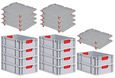 PROREGAL SuperSparSet 10x Eurobox NextGen Color mit Auflagedeckel & Schiebeschnappverschlüsse, HxBxT 17x40x60cm, 34L, Griffe rot geschlossen, Glatter Boden, Eurobehälter Transportbox Transportbehälter