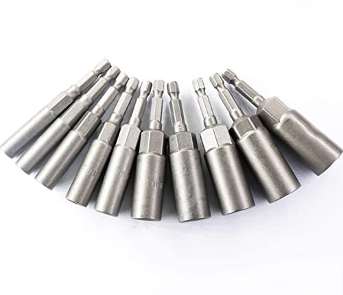 RZJZGZ Deeper Nut Sockets Set,5.5-14mm Nut Setter Driver 1/4 Hex Shank Drill Bit Set,Quick Change Metric Nut Drivers Screwdriver Handle Bits Bolt Remover Tool, 80mm Length Nut Extractor Socket (10pc)