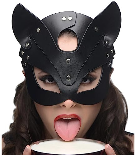 NEEMOSI Katzenmaske Sexy PU Leder BDSM Fuchs Masken Damen Maskerade Bondage Maske Catwoman Maske Damen Katze Mask Halbgesichtsmaske Maskenball Augenmaske Adult Sex Produkte SM Sexspielzeug (Schwarz)