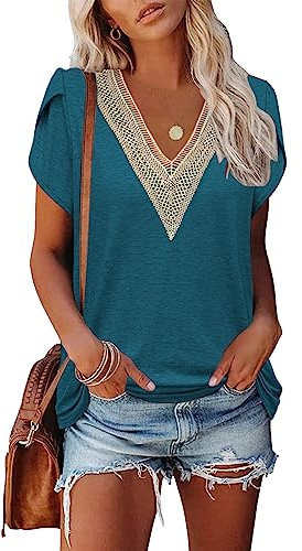 Famulily Short Sleeve Blouses for Women, Ladies V Neck Lace Trim T Shirts Fashion Summer Top (L, Deep Green)