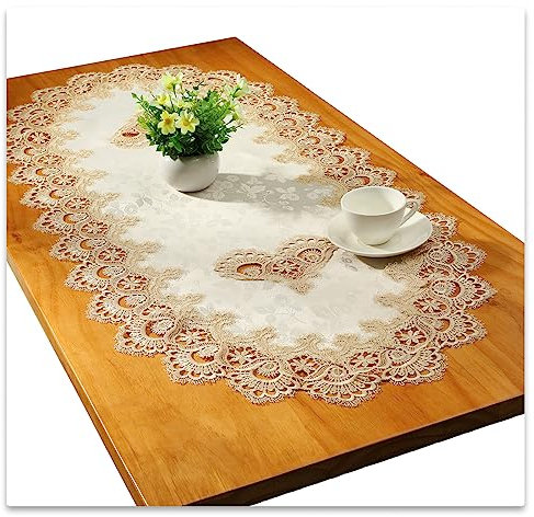 Spitze Oval Tischläufer Gestickte Tischdecke Spitze Deckchen Deckchen Oval Decke Handtuch Für Wohnzimmer Schrank Couchtisch, 60x120cm, Gold
