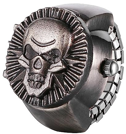 JewelryWe Ringuhr Fingeruhr Herren Totenkopf - Schwarz Gotik Schädel Analog Quarz Elastisch Edelstahl Ring Uhr Männer Fingerringuhr Uhrenring für Halloween Vatertag