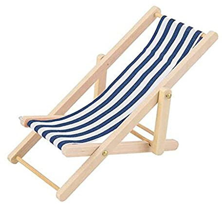 Faltbarer Miniatur Blau gestreifter Strandstuhl Modell Holz Mini Freizeit Liegestuhl für Puppenhaus Garten Zubehör PraktischClevere Behandlung