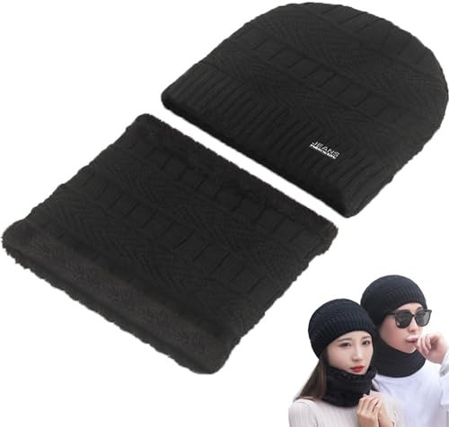 Atsmoce® Wintermütze und Schlauchschal Set, Winter Warm Beanie Mütze und Schal Set für Herren und Damen, mit Dicke Fleecefutter (Schwarz)