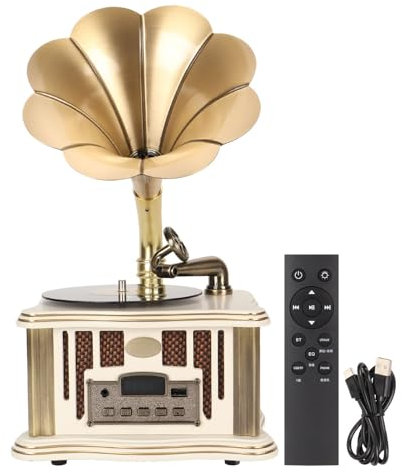 Retro Phonograph Plattenspieler Bluetooth Lautsprecher, Typ C Wiederaufladbar Nostalgisches Vintage Grammophon Kabelloser Bluetooth 5.0 Lautsprecher mit FM Radio für Handys,