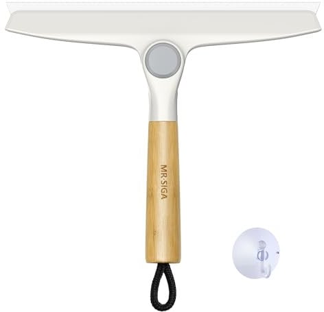 MR.SIGA Escobilla de Goma de Silicona Multiuso para Puerta de Ducha, Espejo, Cristal, Ducha sin Rayas, Mango pivotante de bambú, Incluye 1 Gancho de succión, 10 Pulgadas de Ancho, 1 Paquete, Blanco