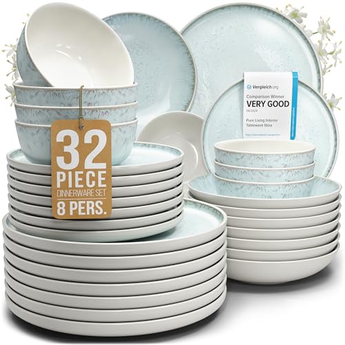32 Piece Stoneware Dinnerware Set for 8, Handcrafted Plates and Bowls Set