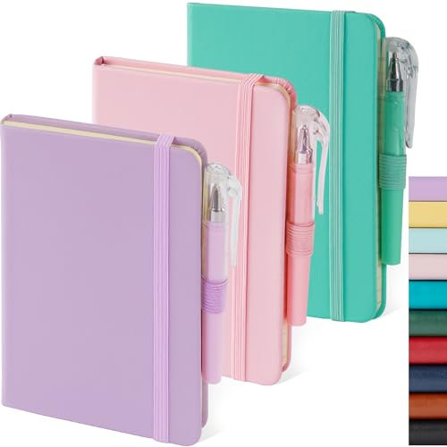 NIRMIRO Kleines Notizbuch, Tagebuch mit Stift, A6, Mini-Notizblock, Tagebuch, Notizbuch für Damen/Herren, niedliches Notizbuch, Notizblöcke, 9,4 x 14,5 cm, Leder, Rosa, Lila, Grün, 3 Stück