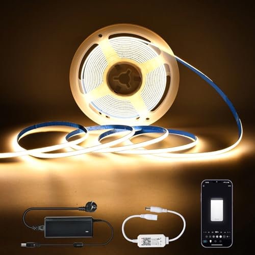 SUBOSI 5M Wifi Dimmbar COB LED Streifen 400LEDs/M DC12V 2700K Intelligente App Steuerung 10W/M LED Strip mit Wifi Dimmer und Netzteil,Band Lichtleiste Arbeitet mit Google Home Assistant/Alexa