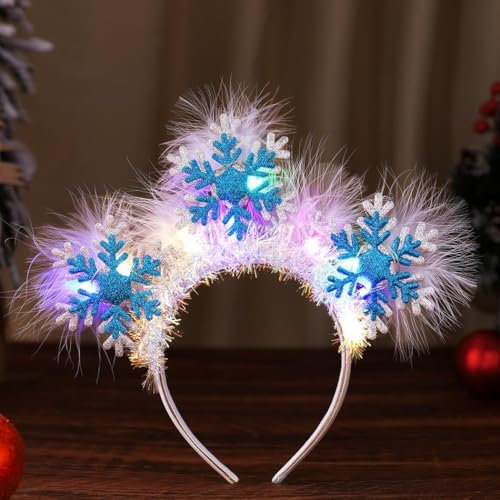 Johiux LED Weihnachts Haarreif Schneeflocken,Leuchtend Weihnachts Haarschmuck mit Feder Schneeflocken,Weihnachts Kopfschmuck,Weihnachtshaarreif für Kinder Erwachsenefür Weihnachten Party Geschenk