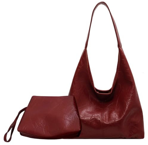Kexpery Damen-Schultertaschen-Set aus PU-Leder, modisch, weich, vielseitig einsetzbar, Hobo-Tasche und Clutch, Crossbody-Tasche und Handtasche, einfarbig, 2-teilig, weinrot,