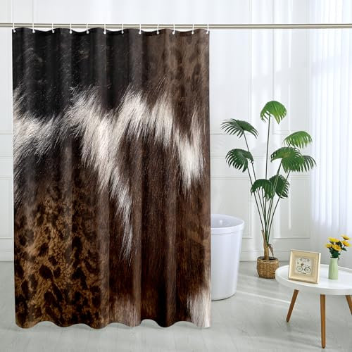 Rustic Cow Shower Curtain with 12 Hooks Leopard Aesthetic Cow Rustic Vintage Brown Polyester Room Ornaments Waterproof Decorative Bathroom Hotel Bathtub Outdoor Short Shower Curtain 62x72 Inch