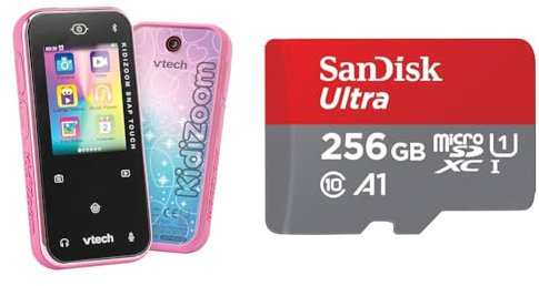 VTech KidiZoom Snap Touch pink – Kinderkamera im Smartphone-Format mit Touchscreen & SanDisk Ultra Android microSDXC UHS-I Speicherkarte 256 GB + Adapter