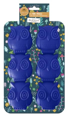 Ard'time - Set mit 6 Mini-Formen in Form einer Eule, Silikonform, Blau, Backform, Backform, Maße 26 x 17 x 3,3 cm, Kuchen für Kinder, Geburtstag, Happy Cake
