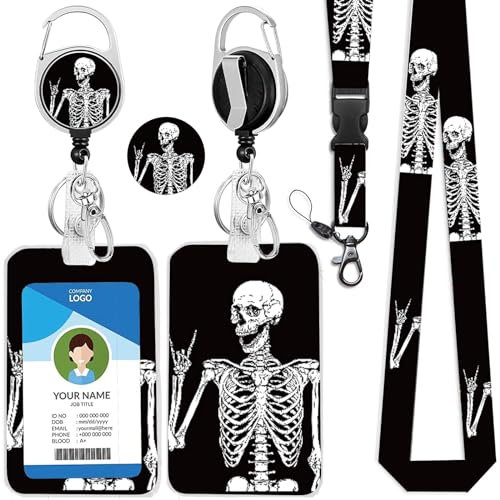 bolimoss Lanière tête de mort avec porte-cartes rétractable, porte-badge squelette cool avec fenêtre transparente pour carte d'identité et cordon tour de cou, cordon de bureau, porte-badge