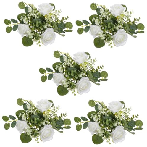 IMIKEYA 5St Kerzengirlande Kerzenkranz Serviettenringe aus Eukalyptus Kerzenhalter Tischdeko Veranstaltungsdekoration Kerzenständer-Blumenkranz Hochzeitskerzenringe Kränze Seidentuch Weiß