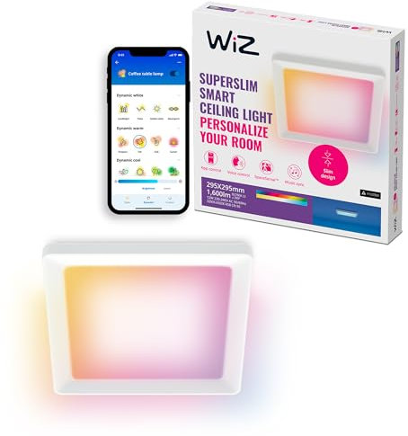 WiZ smarte Deckenleuchte - Schlankes quadratisches Design, 295 x 295 mm, Sprach- / App-Steuerung, Zeitplanung, funktioniert mit Google Home, Amazon Alexa und Apple HomeKit, Innenbeleuchtung, weiß