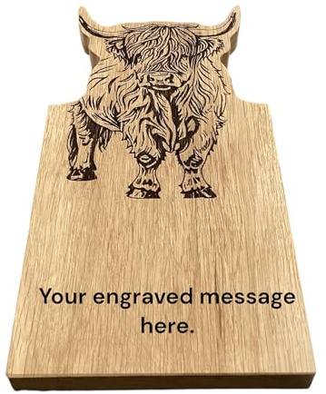 Rutherfords Gifts Personalised Highland Cow Shaped Oak Serving Board – 30cm- Engraved Wooden Snack & Cheese Board – Custom Gift for Birthdays, Housewarming, Weddings, Farmhouse Kitchen Décor