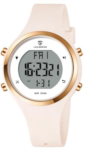 Timever Damen Armbanduhr mit Silikonband,Digitaluhr mit Alarm,Stoppuhr,Datum,Licht,Timer, Zwei Zonen,Schlummer Offwhite