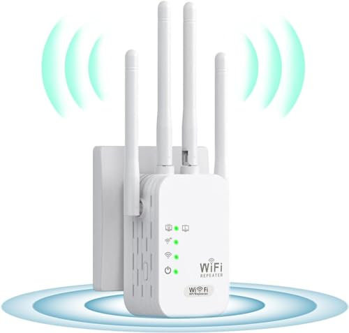Répéteur WiFi Puissant, amplificateur de Signal WiFi, 4 antennes, 1 Port LAN, WiFi/Extender 2,4 GHz, Couverture jusqu'à 1100 m², idéal pour Le Bureau et la Maison, Installation Facile