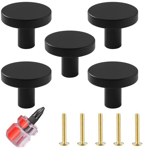 5 Pcs 30mm Round Black Door Knobs Equipped with Screws and Screwdriver,Black Cupboard Knobs,Single Blacks Drawer Knob Aluminum Alloy,for Home Decorating, Cupboard, Wardrobe
