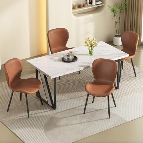 YuQozii Esstisch mit 4 stühlen weiß marmor küchentisch und PU-Leder stühle 4er Set, esstisch mit stühlen küchenmöbel (Braun+Weiß)