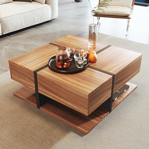 IHO SOFA Quadratisch Couchtisch 80x80 cm, Couchtisch Holz Dunkel, Modern Wohnzimmertisch mit 4 Schubladen und Stauraum unten, Einzigartige Farbabstimmung Liniendesign, Sofatisch Teetisch Wohnzimmer