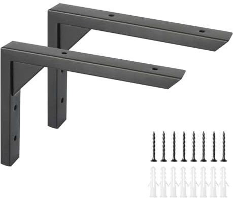 Ouvin Heavy Duty Shelf Brackets 20cm Black L Brackets for Shelves 2 Pack | Wall Mount, Iron, Triangle, Sturdy, with Screws and Anchors, for Kitchen Bookshelf Living Room Garage Bedroom Bathroom