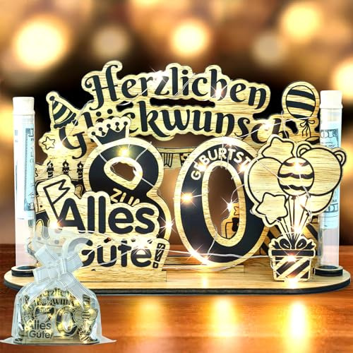 Belillpipi 80. Geburtstag Deko Holz Set – Geburtstagsdeko aus Holz mit LED Lichterkette, Geldgeschenke Geburtstag Alles Gute Schild für Frauen & Männer – Geschenkidee zum 80 Geburtstag