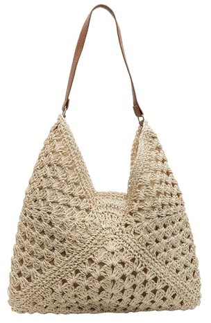 Ladies Straw Shoulder Bag For Women Summer Beach Bag Large Fashion Shoulder Bag Straw Bag Hand-woven Handbags for Work Beach Trip Vacation (Off-white)