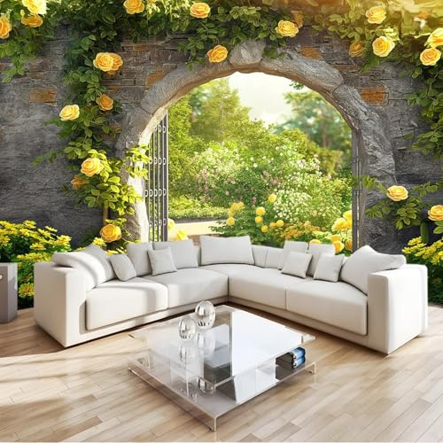 Papier Peint Panoramique Style De Jardin 3D Intissé – Poster Mural Géant Pour Salon, Chambre, Bureau, – Arche Roses Jardin Tapisserie Murale Moderne Personnalisée 300 X 210 Cm